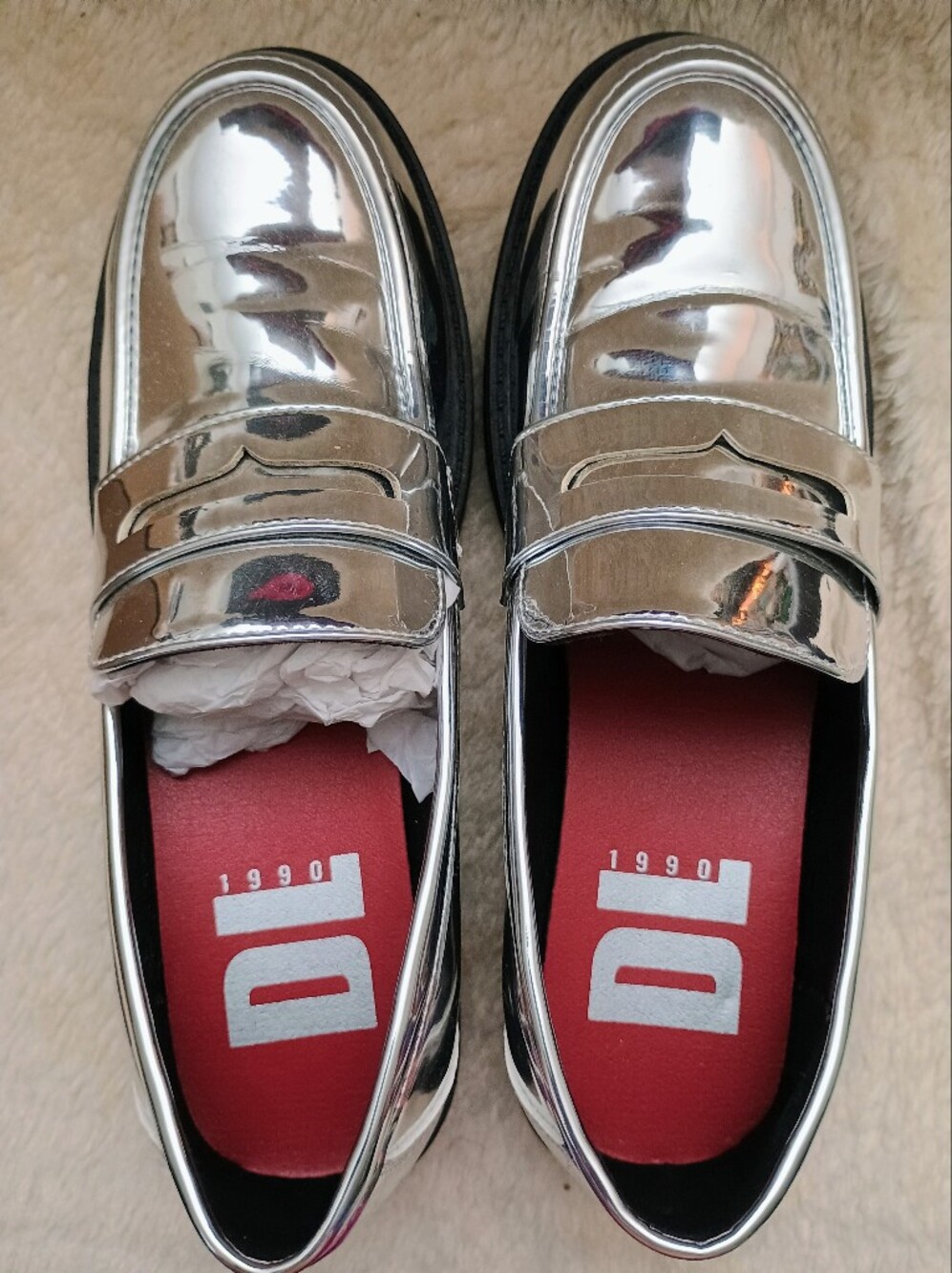 NEW Dirty Laundry Voidz Mirrored Silver Metallic Penny Loafers NWB